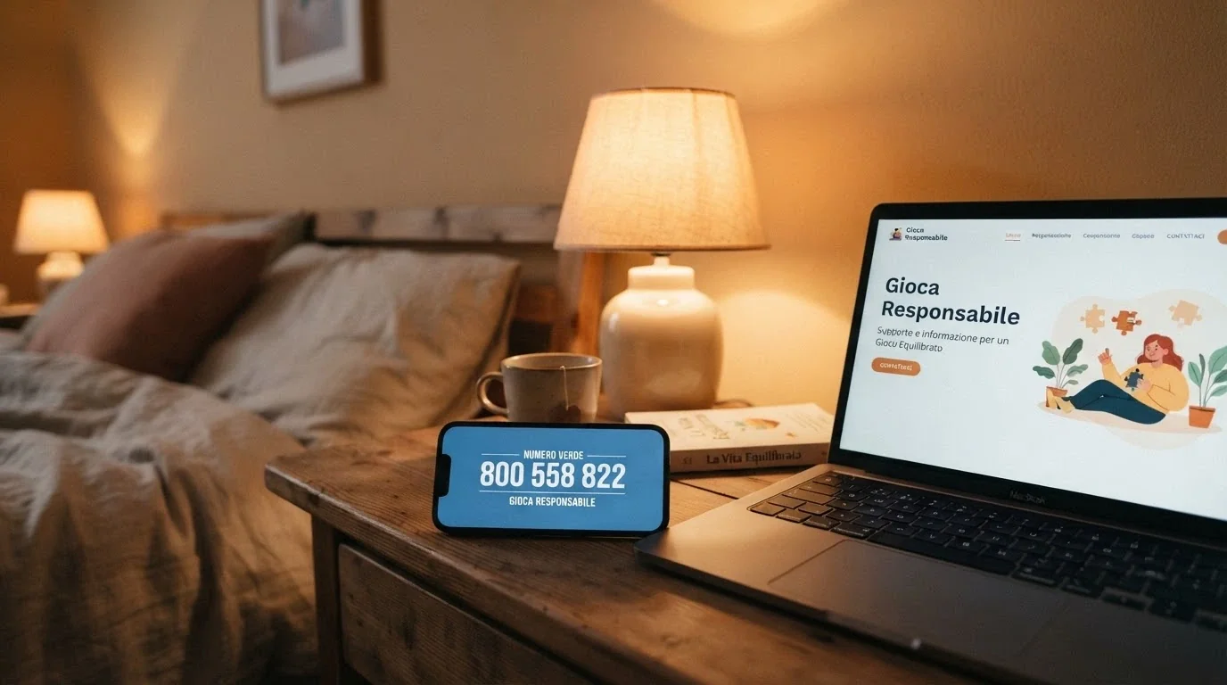 Un telefono con il display che mostra «800 558 822» e accanto lo schermo di un computer con la homepage di Gioca Responsabile