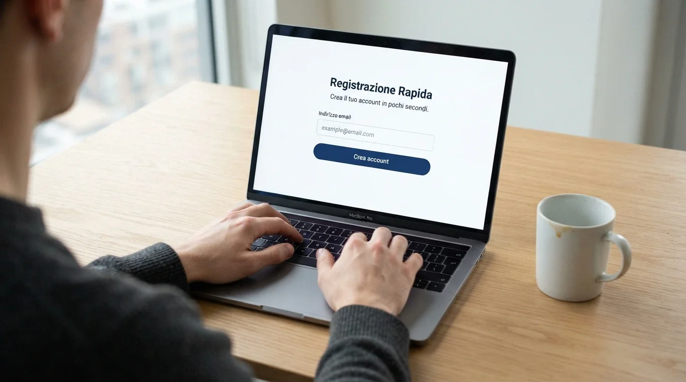 Mani che digitano su una tastiera, sullo schermo un modulo di registrazione essenziale con il solo campo email, nessun documento o carta d'identità visibile
