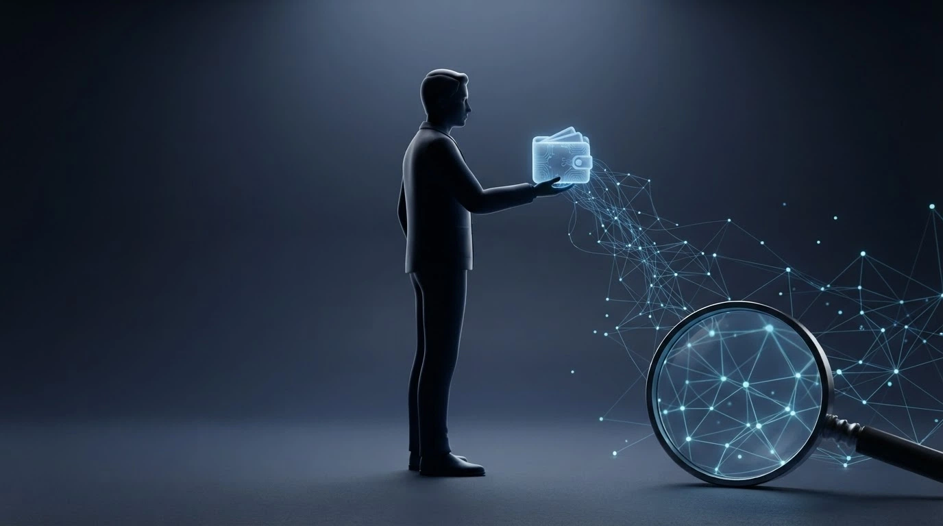 Una figura stilizzata con un wallet Ethereum in mano e una lente che ne illumina l'indirizzo pubblico sulla blockchain, mostrando la traccia delle transazioni