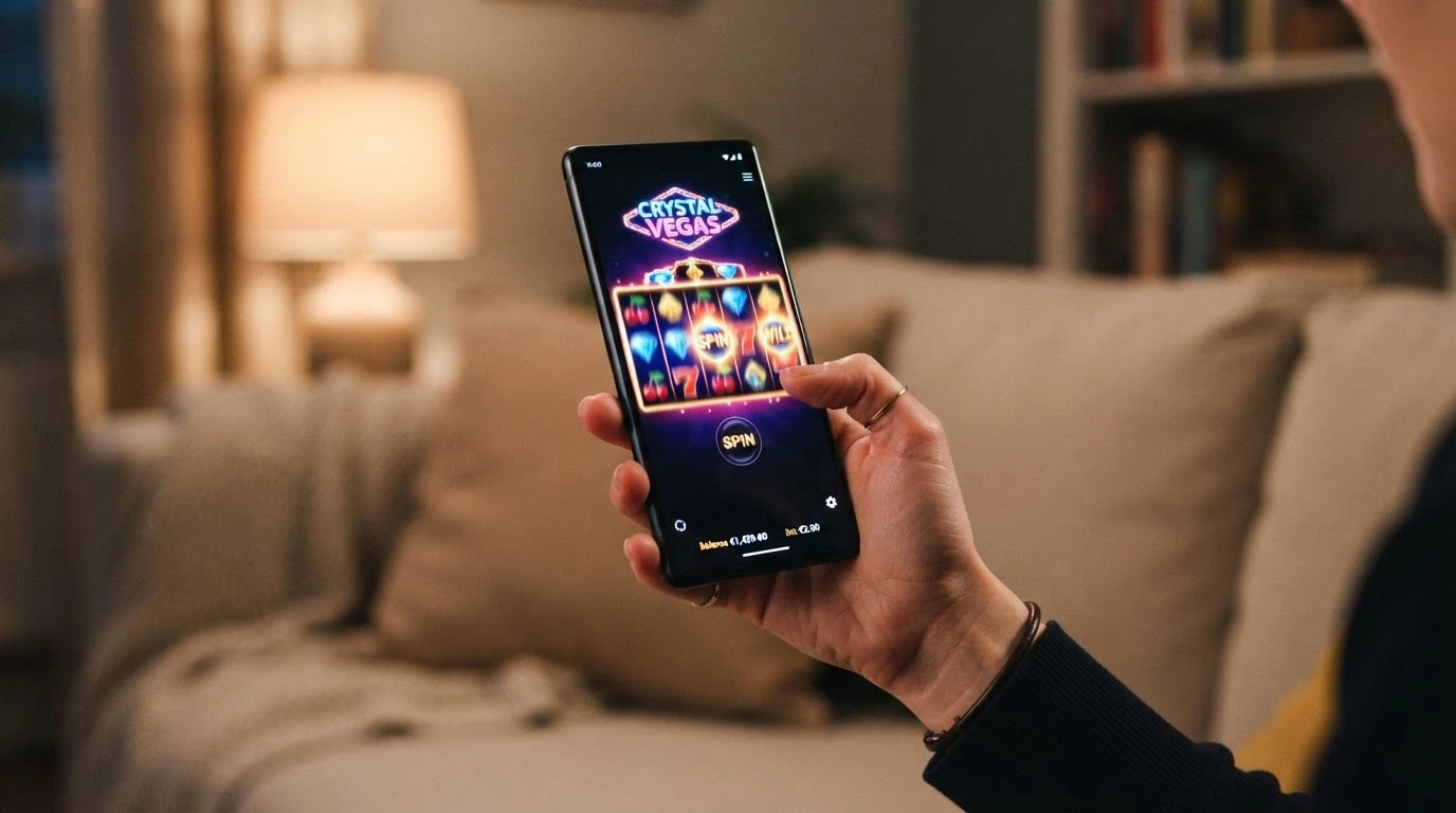 Una mano che tiene uno smartphone in verticale con l'interfaccia di un casinò online e una slot in esecuzione