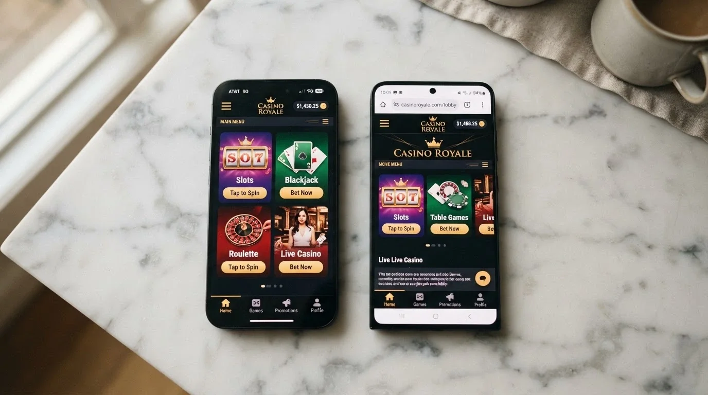 Due smartphone Android affiancati: uno con app casinò nativa, l'altro con lo stesso casinò nel browser Chrome