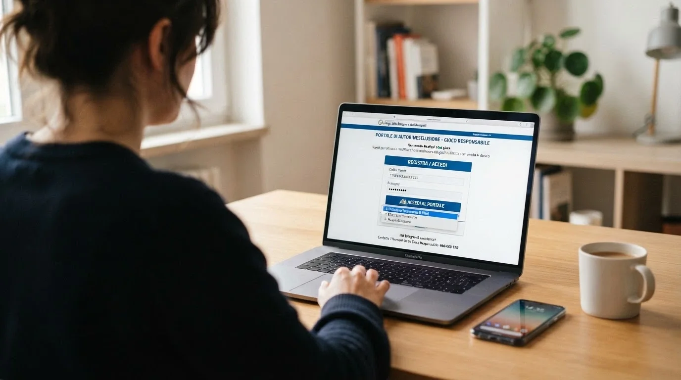 Schermata del portale ADM per l'autoesclusione dal gioco online, con menu a tendina per la scelta della modalità (trasversale, singolo operatore, singola categoria) e accesso via SPID