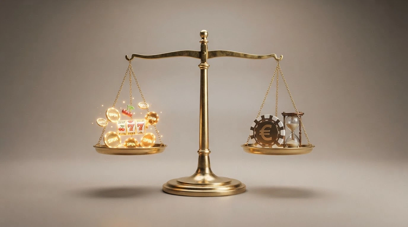Bilancia stilizzata con giri gratis su un piatto e condizioni di prelievo sull'altro, in equilibrio