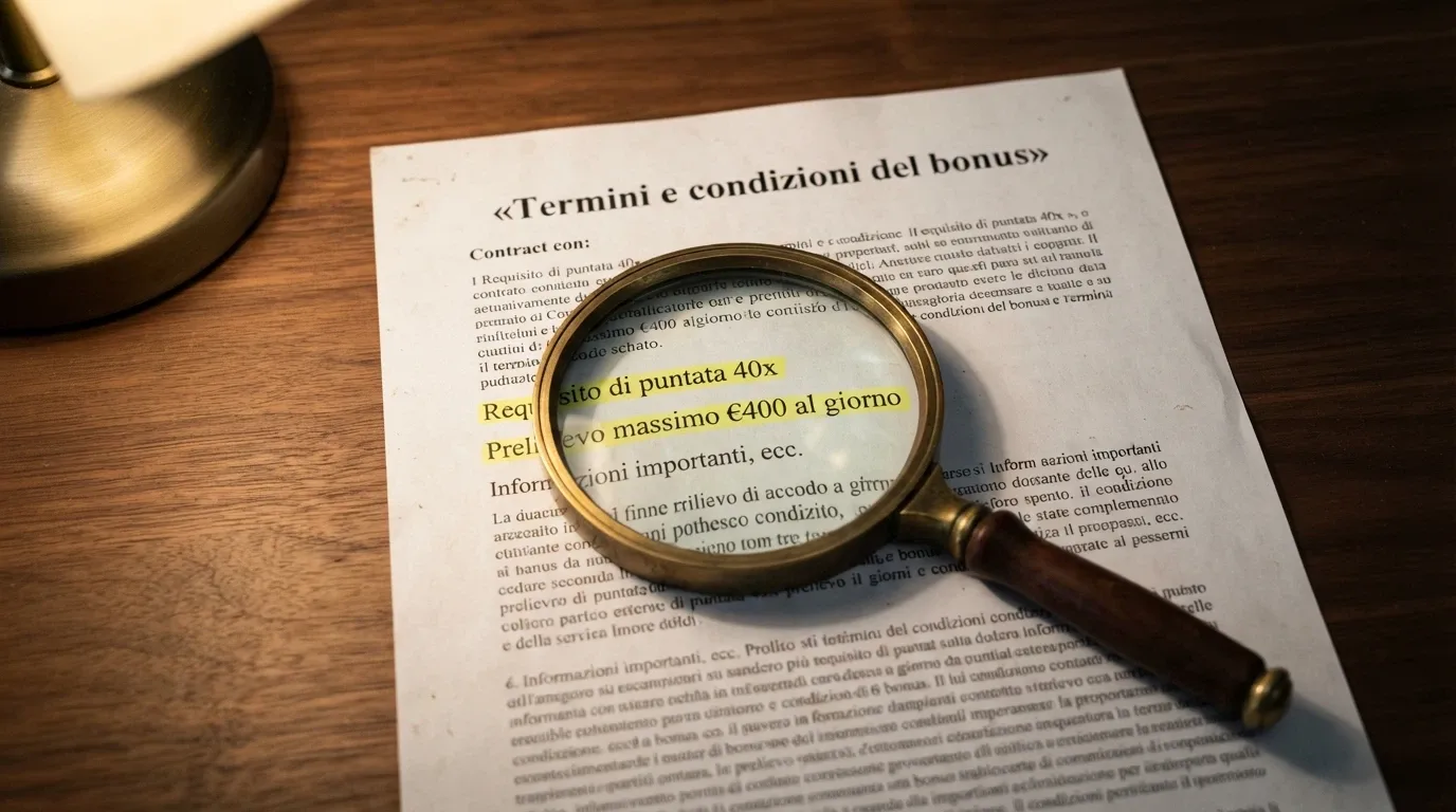 Una lente di ingrandimento su un contratto con la scritta «Termini e condizioni del bonus», da cui emergono in evidenza le voci «Requisito di puntata 40x» e «Prelievo massimo €400 al giorno»