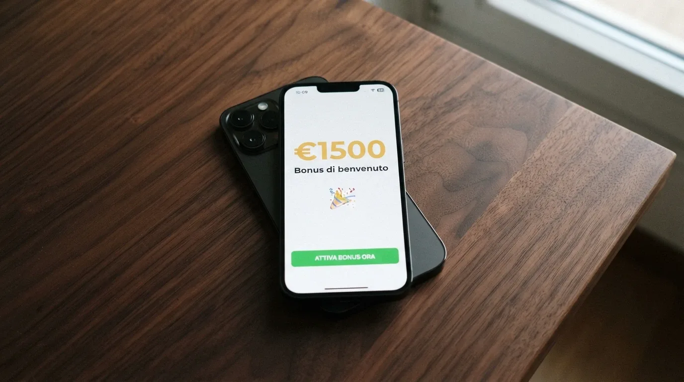Schermata di un bonus di benvenuto visualizzato su iPhone con importo, termini e condizioni in evidenza