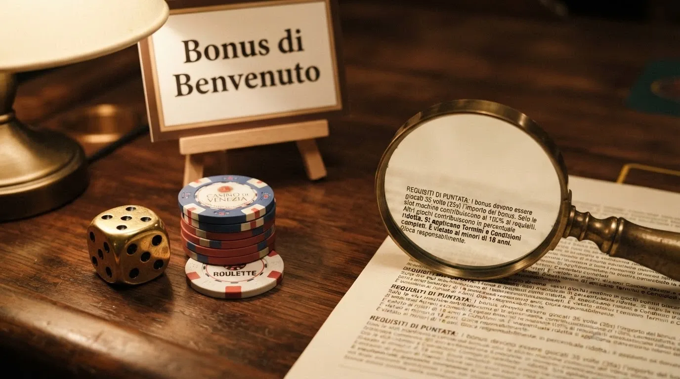 Dado da gioco dorato accanto a monete Bitcoin e un riquadro con la scritta «Bonus di Benvenuto» e una lente di ingrandimento sui termini in piccolo