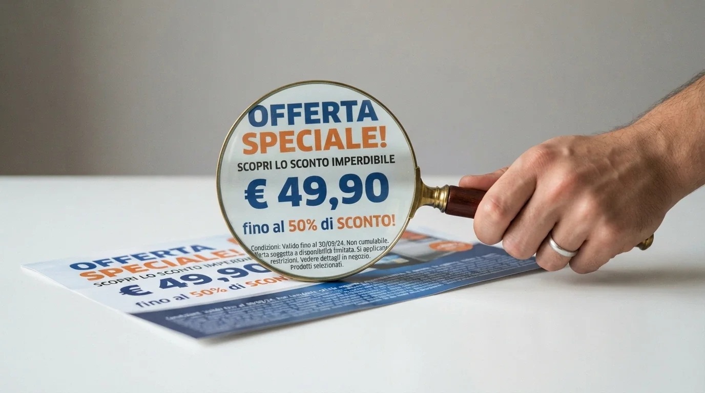 Una lente di ingrandimento su un banner «Bonus 250% fino a 1.100 €» con in piccolo i termini di wagering evidenziati
