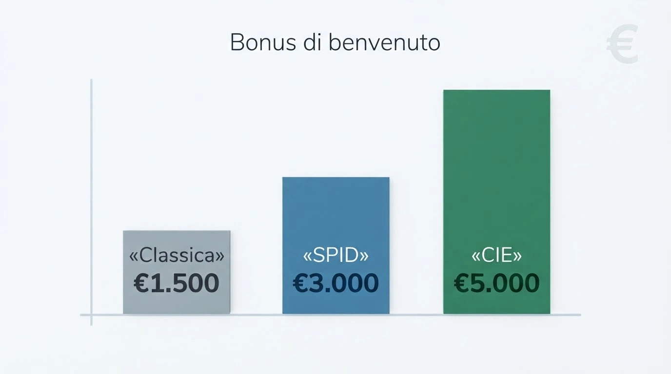 Tre carte bonus affiancate con importi crescenti: 1.500€, 3.000€ e 5.000€