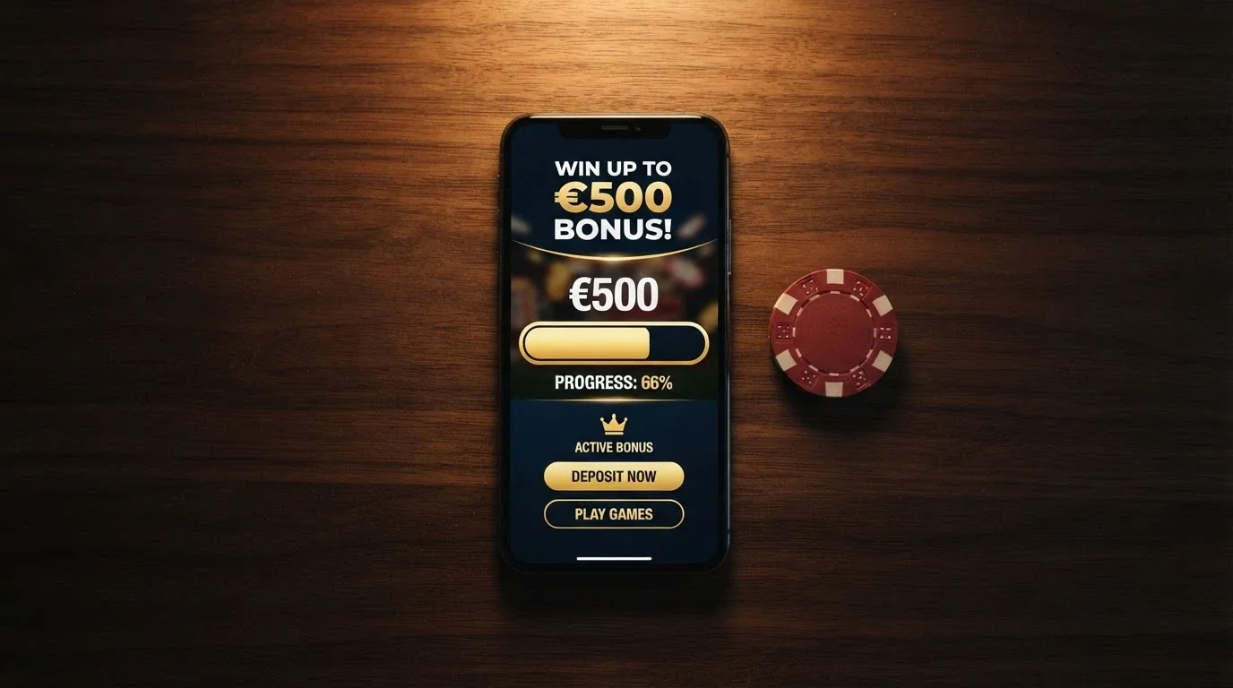 Una schermata promozionale con un bonus di benvenuto in criptovaluta, l'importo del match e la barra di avanzamento del requisito di puntata