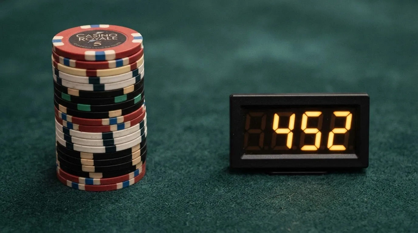 Close-up di chip da casinò impilate accanto a un contatore digitale con cifre che salgono