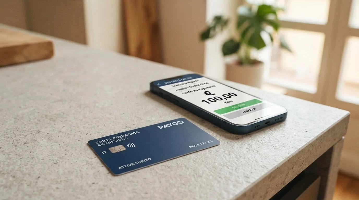 Una carta PostePay in primo piano su uno schermo che mostra la pagina di deposito di un casinò online