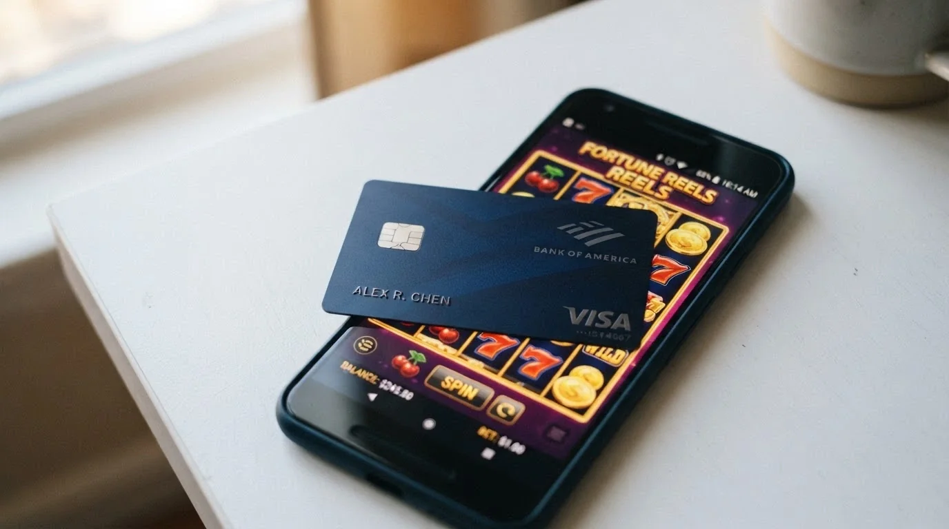 Una carta di credito appoggiata su uno smartphone con l'interfaccia di un casinò ADM sullo schermo