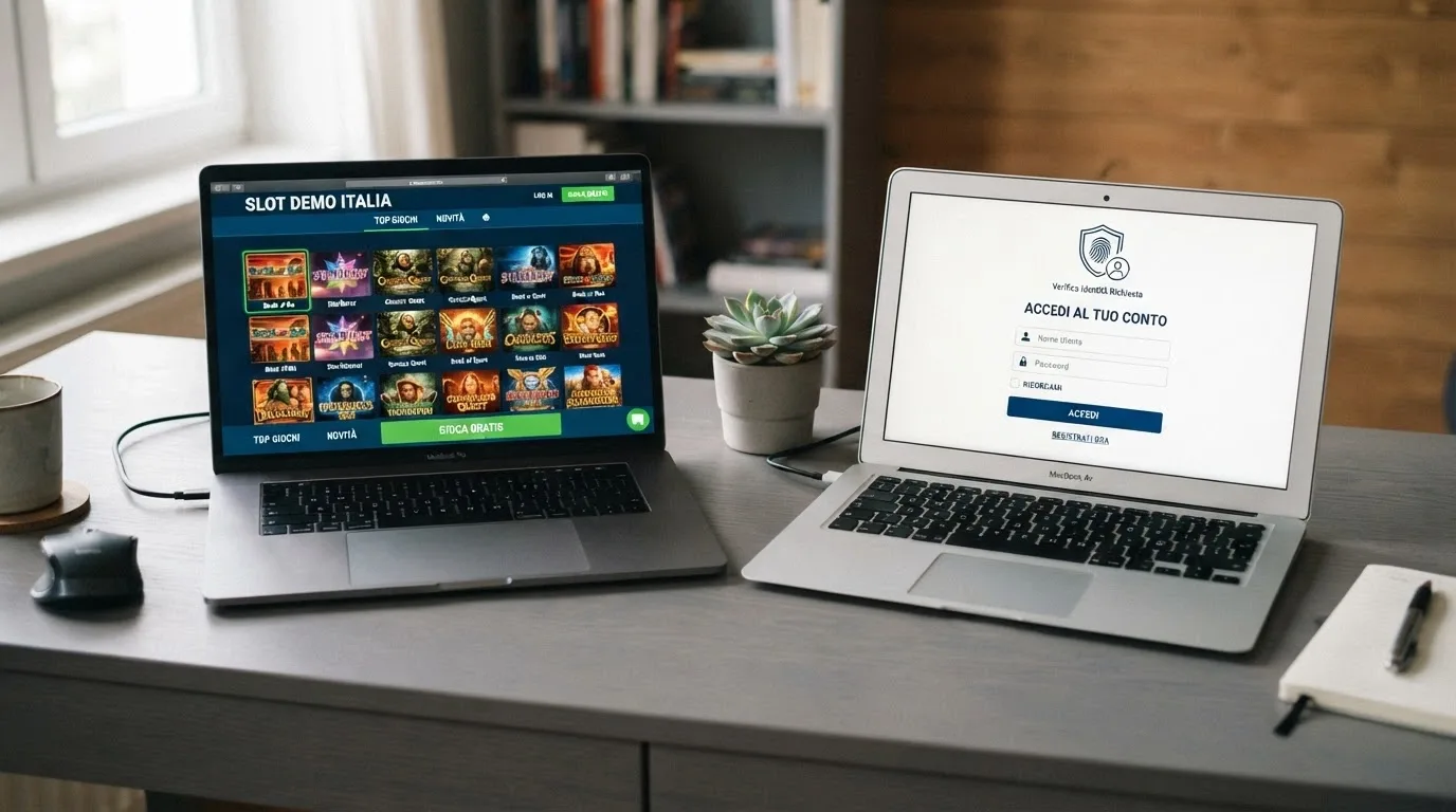 Una schermata divisa: a sinistra un portale di demo con accesso immediato, a destra la schermata di login di un casinò ADM