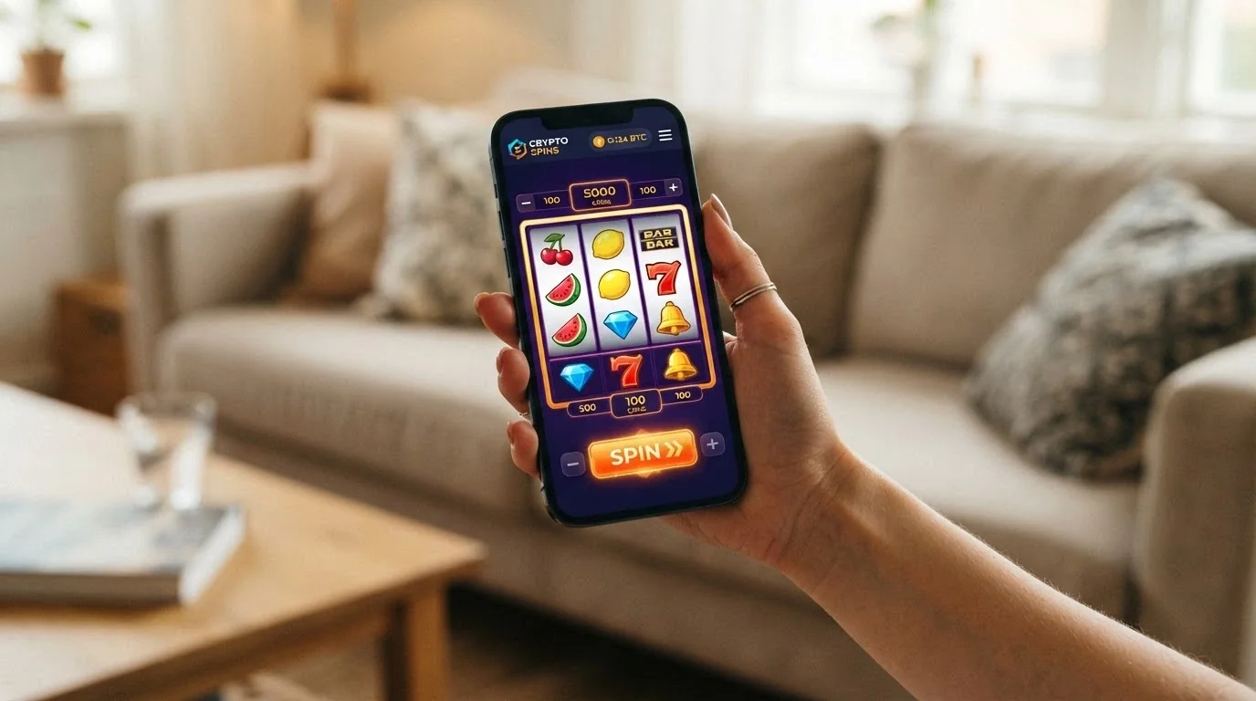 Smartphone in mano a un giocatore, sullo schermo l'interfaccia mobile reattiva di un casinò crypto con una slot in primo piano