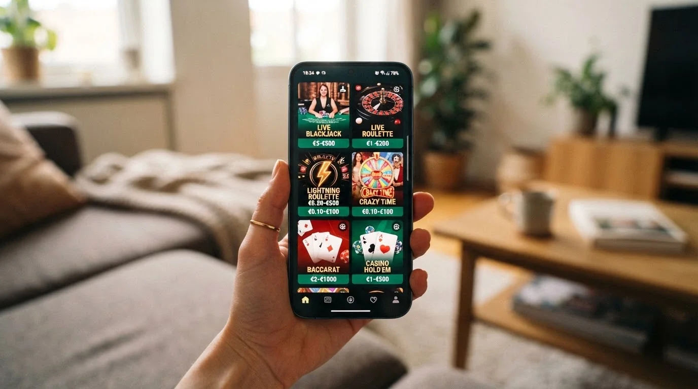 Smartphone in mano a un giocatore con l'interfaccia di una lobby live aperta, tavoli disponibili in griglia e connessione Wi-Fi attiva