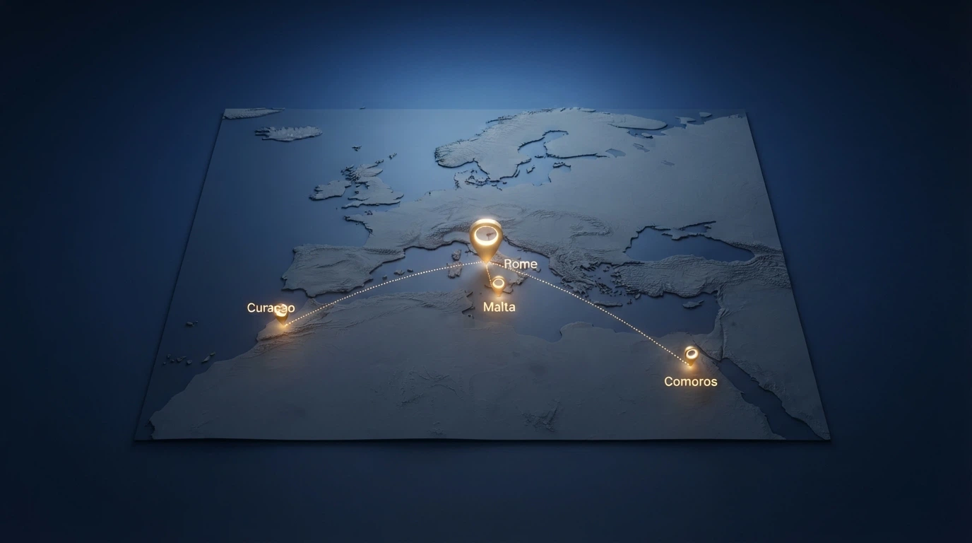 Una mappa dell'Europa con tre puntine su Malta, Curaçao e Anjouan, collegate da linee tratteggiate all'Italia