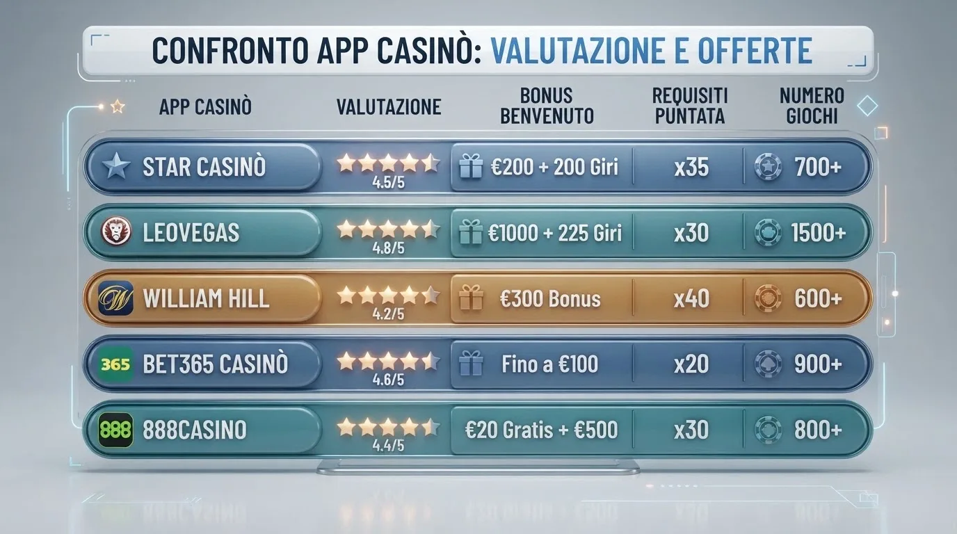 Tabella comparativa delle migliori app casinò per Android con colonne bonus, wagering e giochi