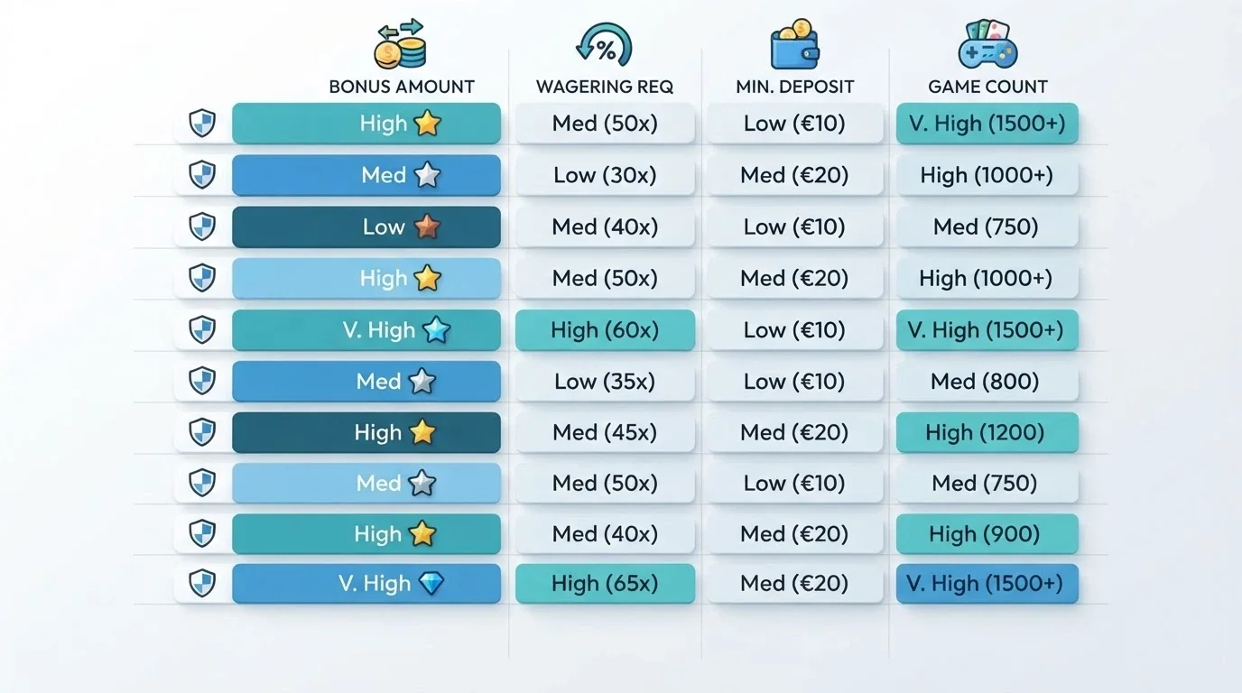 Tabella comparativa stilizzata con colonne per bonus, wagering, deposito minimo e catalogo giochi, con dieci loghi di operatori in riga