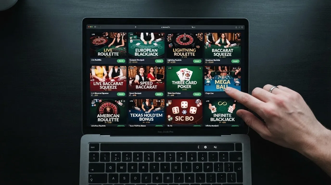 Schermata di un'interfaccia di casinò live con la lobby dei tavoli: anteprime di roulette, blackjack e baccarat in griglia