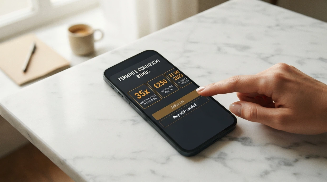 Un primo piano dello schermo di uno smartphone con i termini e condizioni di un bonus free spins evidenziati
