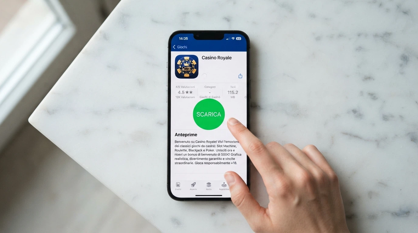 iPhone con la pagina dell’App Store aperta su un’app casinò ADM e il pulsante di download in evidenza