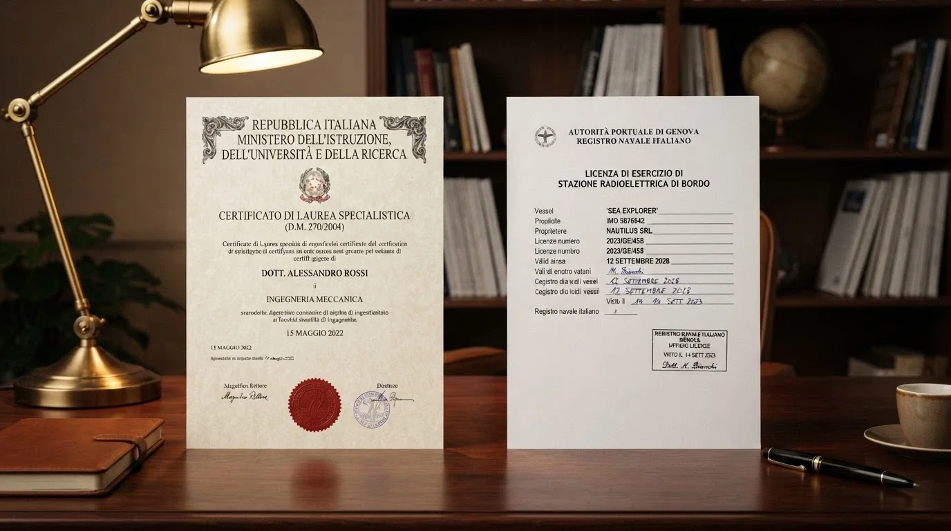 Documento ufficiale con intestazione ADM e sigillo, affiancato a una pagina di licenza offshore