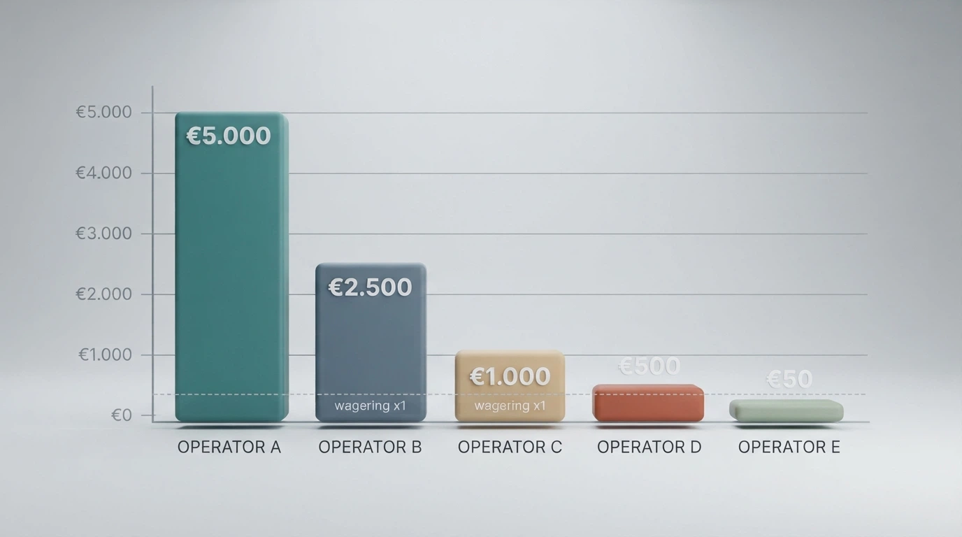 Grafico a barre che confronta l'importo del bonus di benvenuto del Casinò Sanremo (€50) con Sisal (€5.100), Snai (€2.000), AdmiralBet (€5.000) e Lottomatica (€5.000)