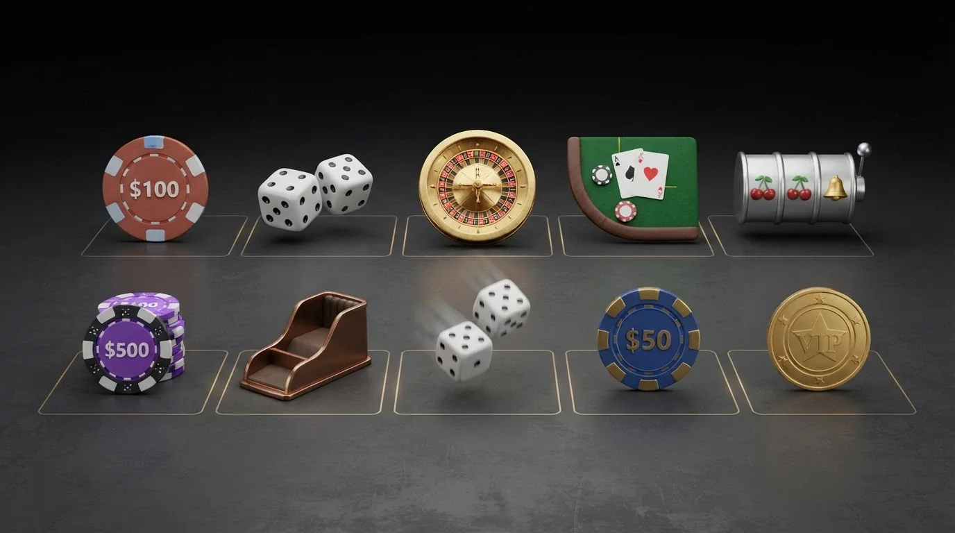 Dieci loghi stilizzati di casinò crypto allineati su uno sfondo scuro con elementi grafici dorati