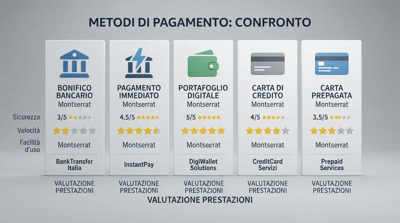 Una tabella comparativa stilizzata su sfondo neutro con le icone dei metodi di pagamento e le stelle di valutazione