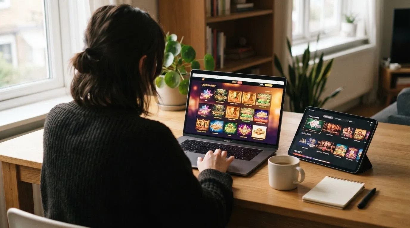 Logo e interfaccia di casinò online ADM con slot Big Time Gaming in una vista comparativa