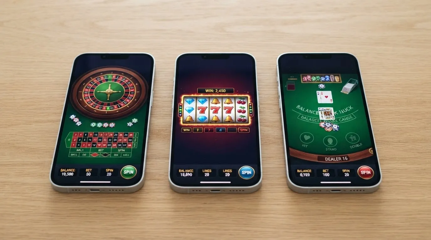 Vista comparativa di tre schermate di app casinò ADM affiancate su iPhone