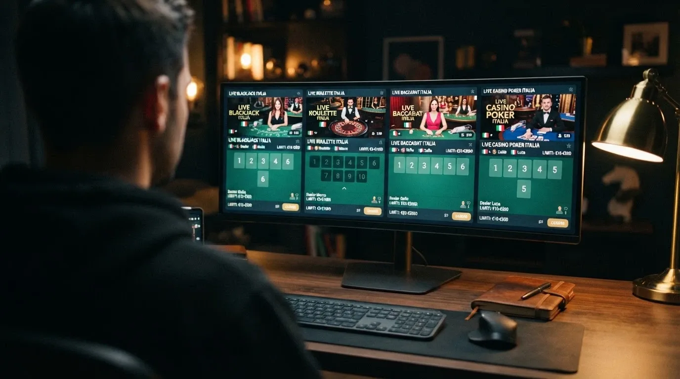 Interfaccia affiancata di quattro casinò live ADM su desktop, con lobby aperte che mostrano diversi cataloghi di tavoli, game show e croupier in streaming