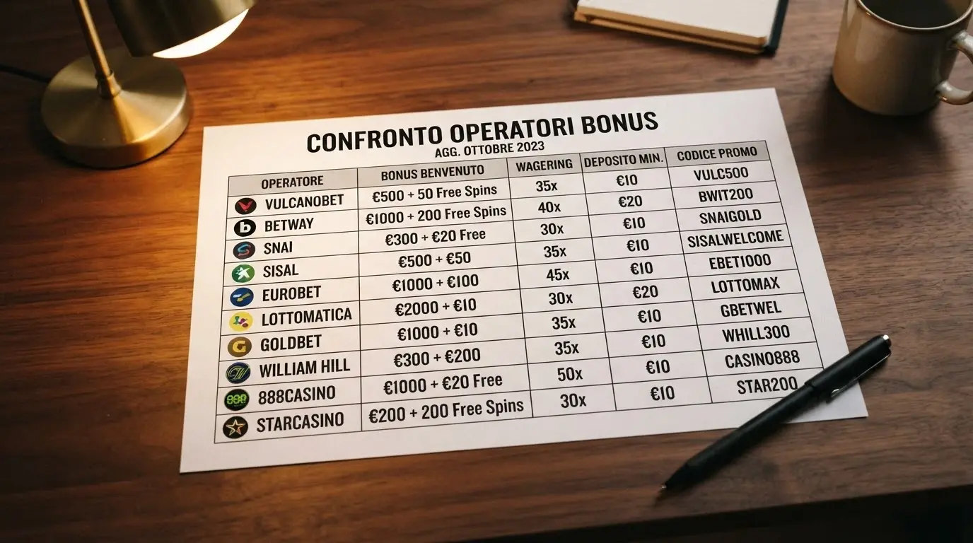 Una linea di loghi di casinò ADM disposti su una tabella comparativa con indicatori di bonus e wagering