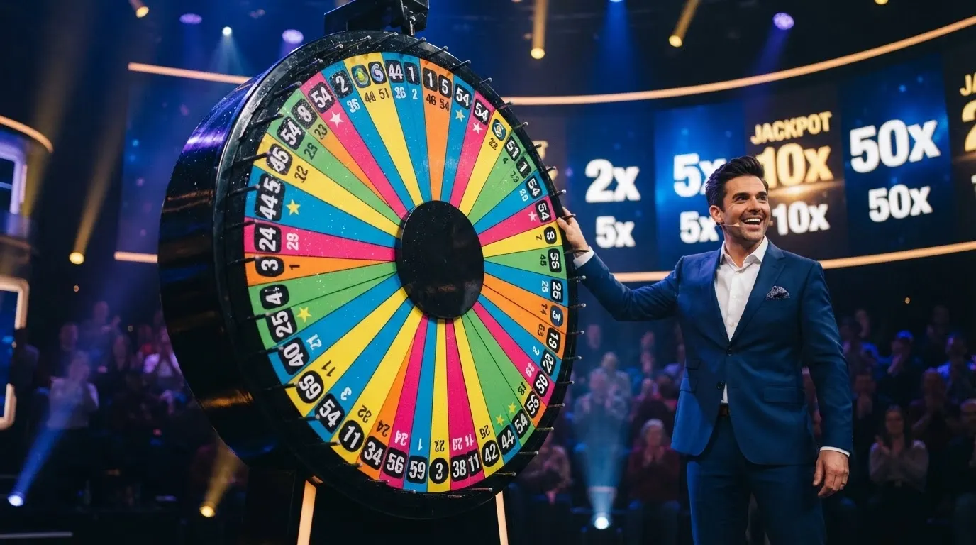 La grande ruota verticale di Crazy Time con i 54 segmenti colorati, il presentatore in studio e lo schermo dei moltiplicatori alle sue spalle