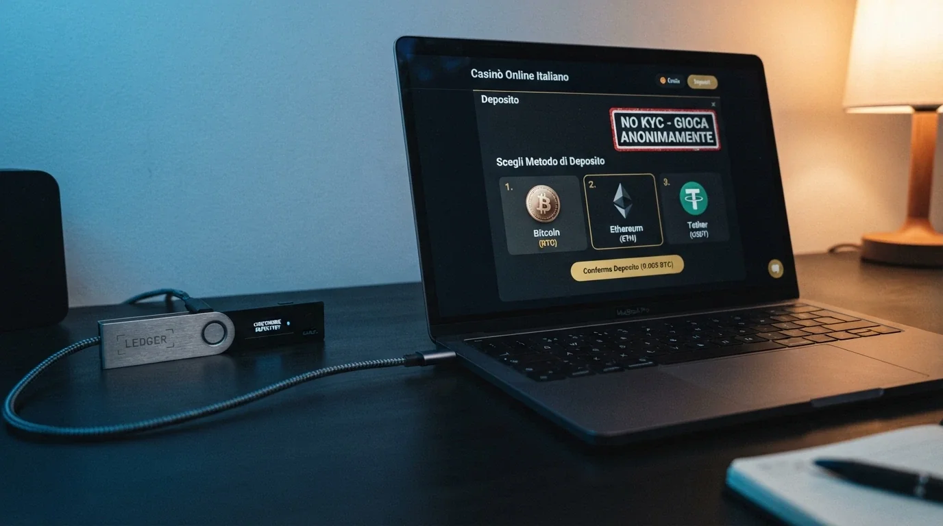 Un portafoglio hardware per criptovalute accanto allo schermo di un casinò online che mostra depositi in Bitcoin, Ethereum e Monero, con la scritta «No KYC» in un riquadro