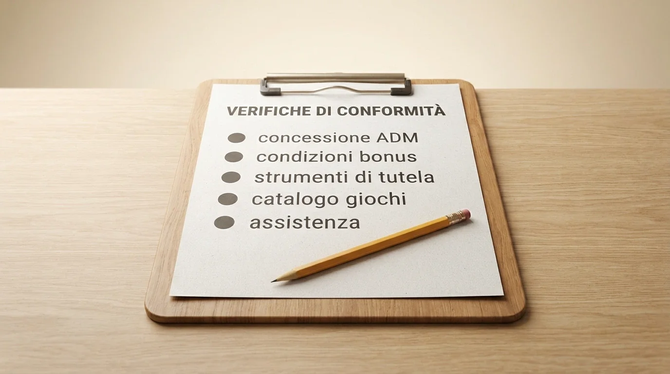 Checklist illustrata con cinque criteri di valutazione: concessione ADM, condizioni bonus, strumenti di tutela, catalogo giochi, contatto assistenza, ciascuno affiancato da un'icona