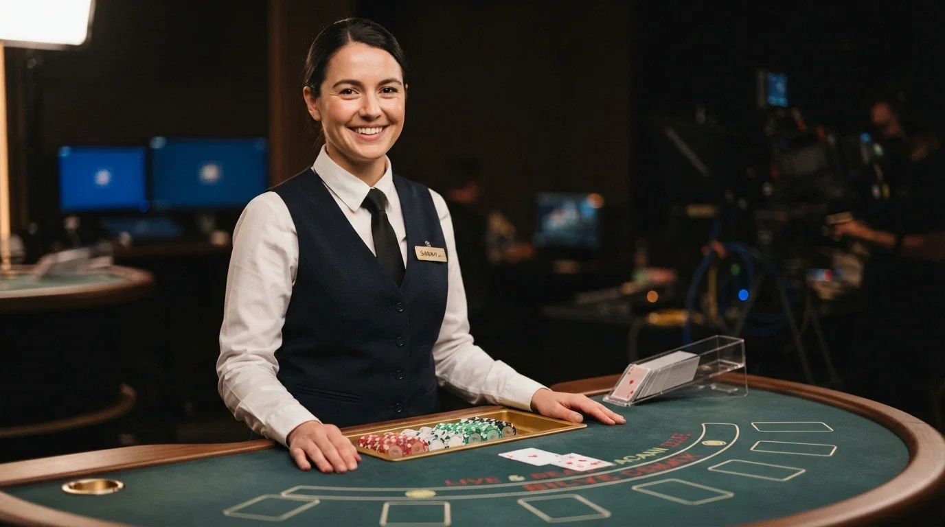 Croupier italiano sorridente in studio professionale Evolution a Malta, con tavolo da blackjack, carte e chip in primo piano