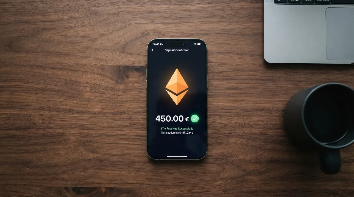 Schermo di uno smartphone con l'interfaccia di un wallet Bitcoin e una transazione in corso verso un casinò online