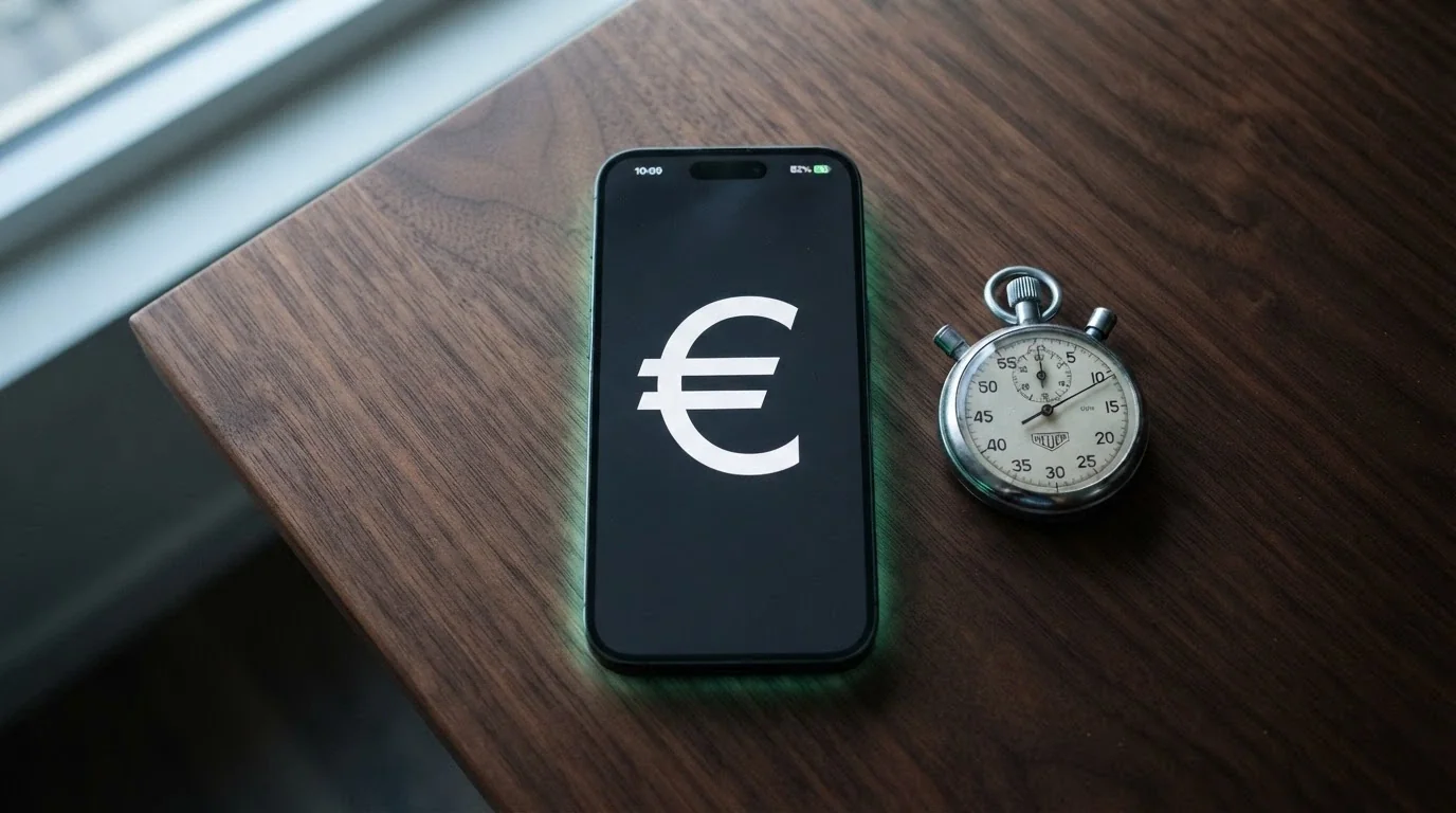 Uno smartphone che mostra un wallet Ethereum con una transazione in corso, affiancato da un contatore del tempo e dal simbolo del gas