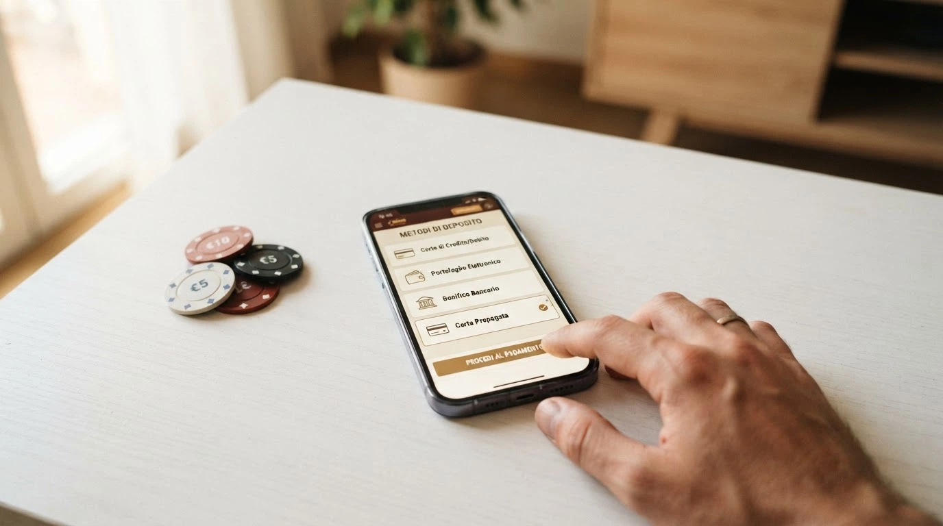 L'interfaccia di un casinò online con le opzioni di pagamento, evidenziata la voce PostePay tra i metodi disponibili