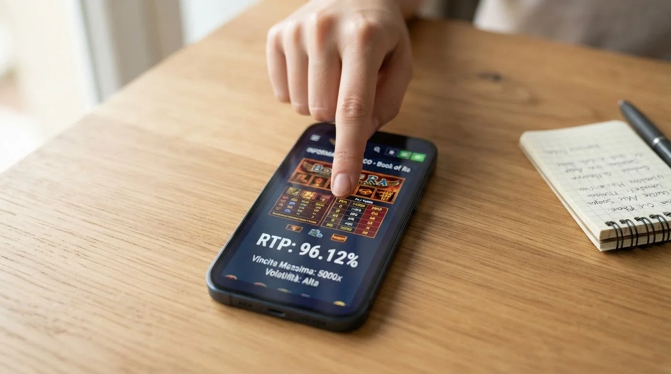 Lo schermo di uno smartphone con la schermata informativa di una slot aperta, il dito del giocatore che indica il valore RTP nel menu delle informazioni