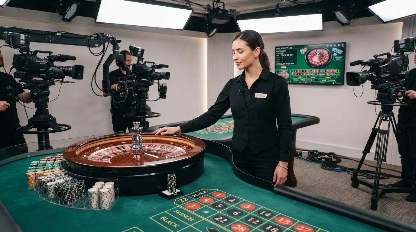 Sala di un casinò dal vivo Evolution con dealer professionale a un tavolo di roulette illuminato