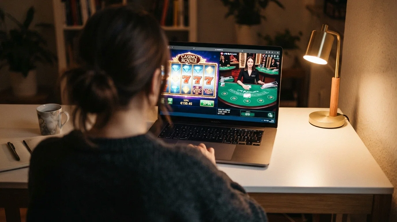 Una schermata di lobby casinò con slot machine, un tavolo live dealer e l'interfaccia di un gioco provably fair a confronto