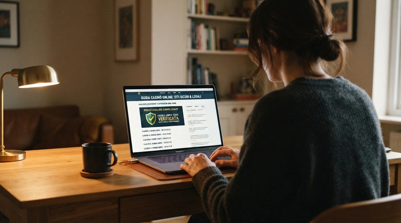Una persona seduta al computer che consulta una guida con un'espressione informata, con il logo ADM visibile sullo schermo