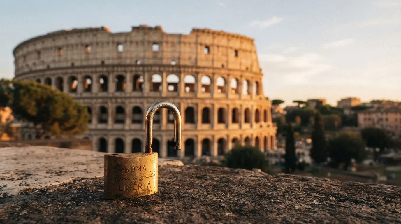 Il Colosseo o un landmark italiano stilizzato con un lucchetto aperto accanto e il logo ADM in trasparenza, a simboleggiare la zona grigia legale