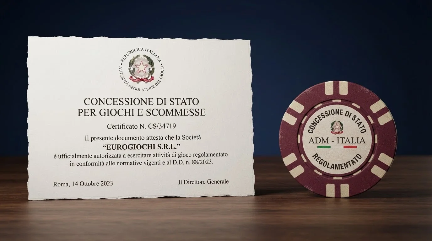 Un primo piano del logo ADM accanto al documento di una concessione di gioco a distanza