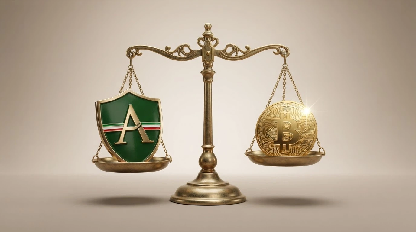 Bilancia a due piatti: su un piatto il logo ADM con la bandiera italiana, sull'altro il simbolo Bitcoin con la scritta Curaçao
