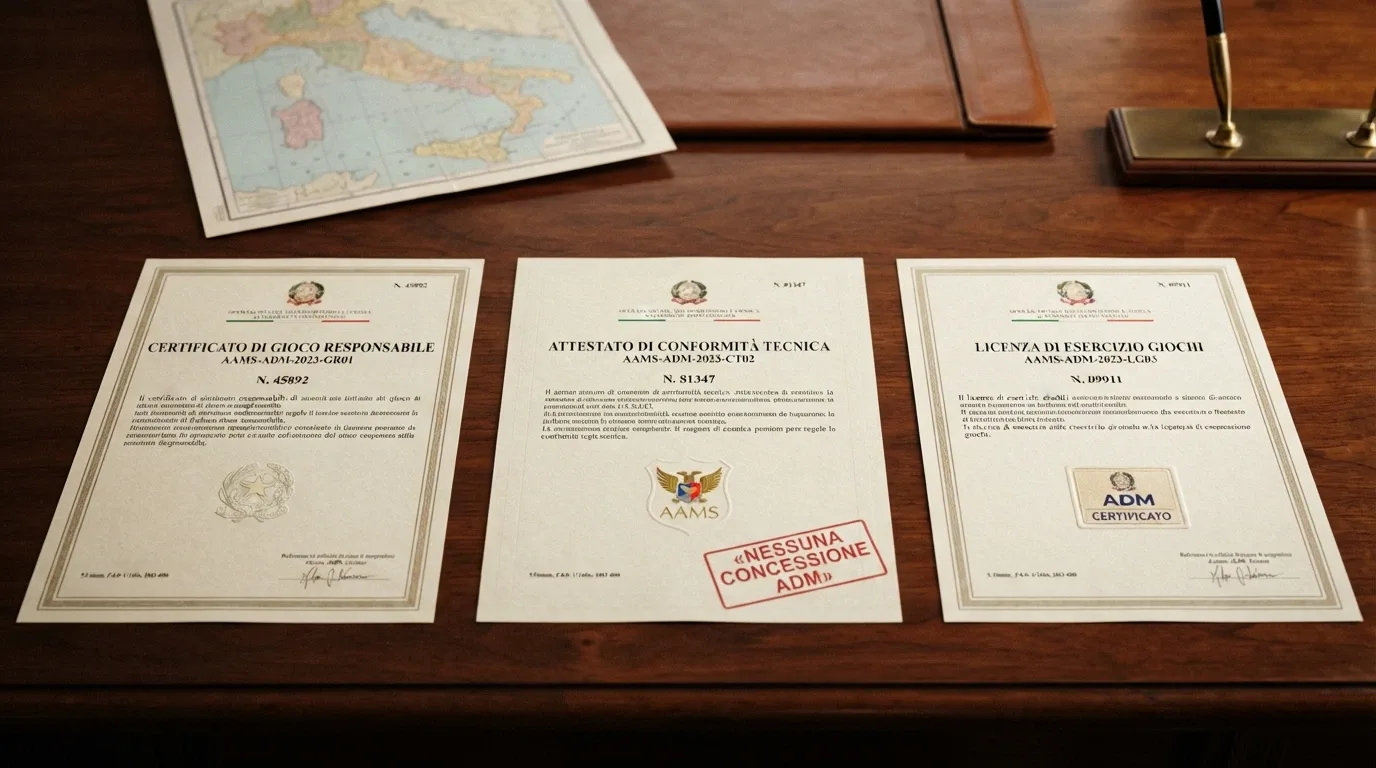 Tre certificati di licenza affiancati — MGA Malta, Curaçao eGaming e Anjouan Gaming Authority — con una mappa dell'Italia sullo sfondo e la dicitura «Nessuna concessione ADM» in sovraimpressione