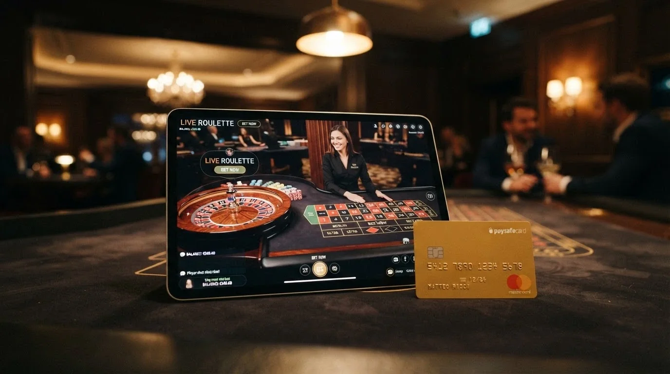 Un tavolo da roulette in live streaming su un tablet, con l'interfaccia di gioco visibile e una carta PostePay posata accanto