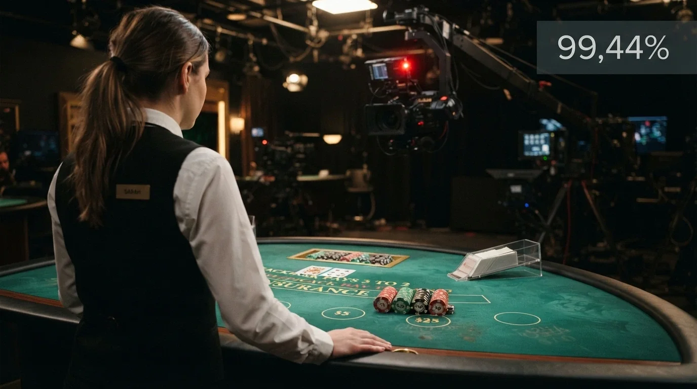 Un tavolo da blackjack dal vivo con il dealer inquadrato, sullo sfondo un casinò reale, e in sovrimpressione il dato RTP 99,44% del Blackjack Standard